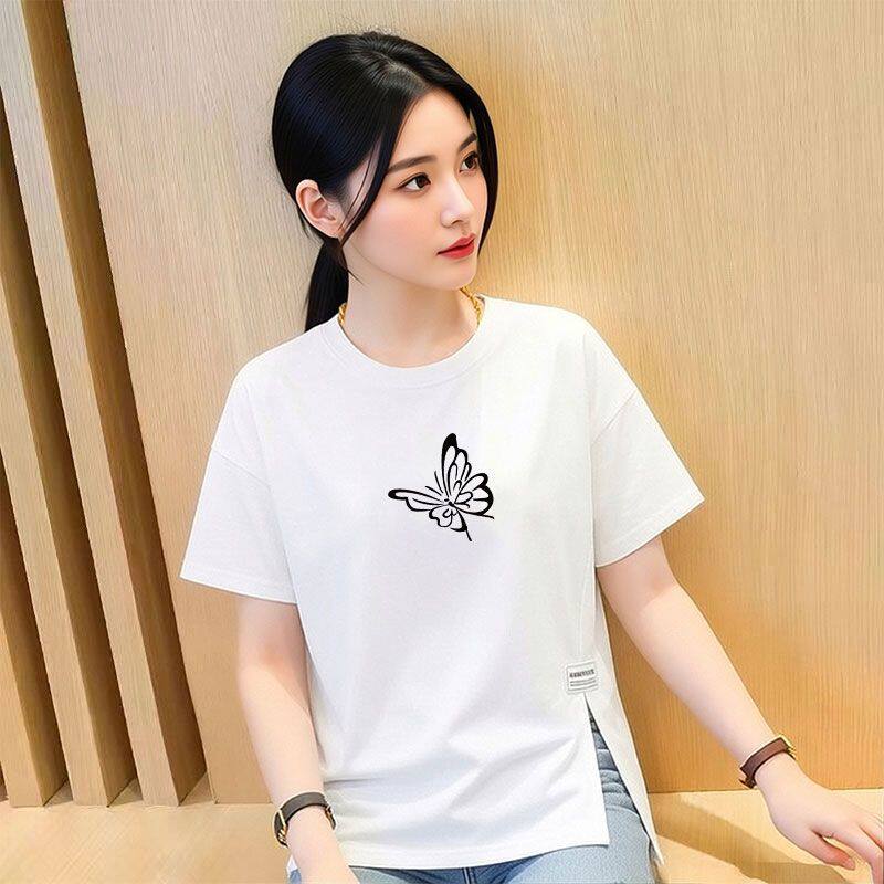 纯棉白色中长款短袖印花T恤女