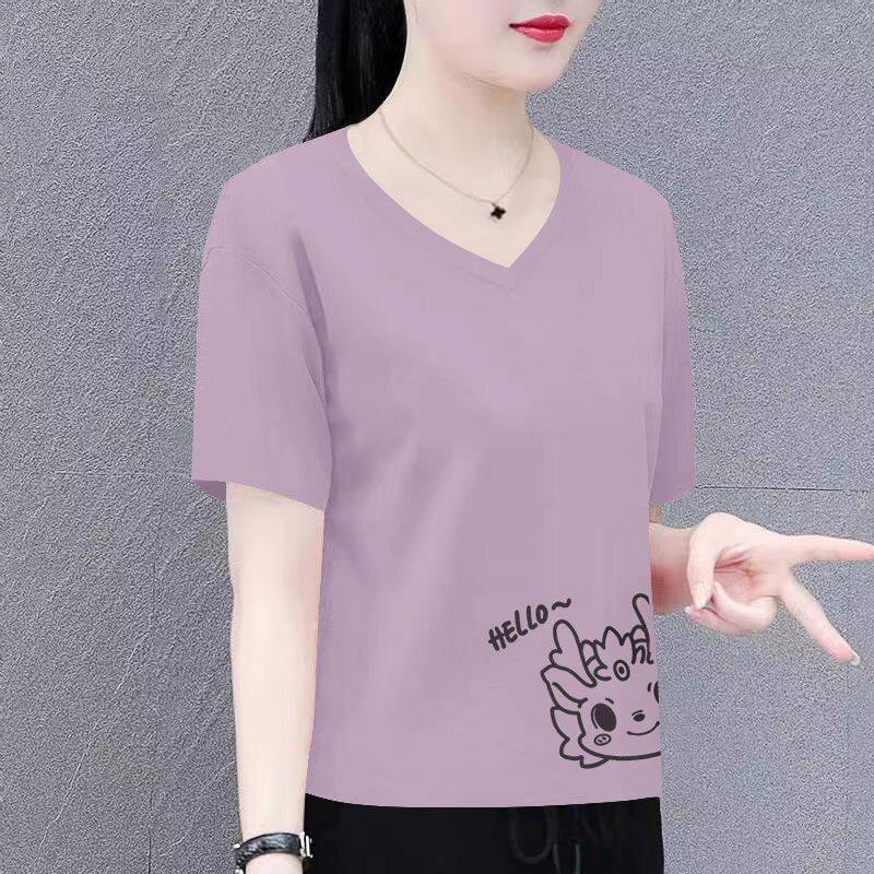 V领纯棉短袖印花T恤女夏季韩版洋气减龄百搭宽松遮肉显瘦薄款上衣