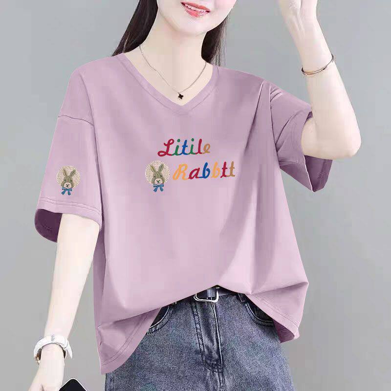 夏季纯棉V领短袖休闲T恤女时尚洋气新款百搭设计感显瘦半袖上衣服