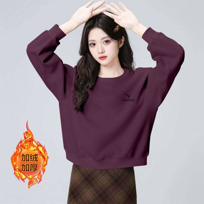 秋冬纯棉暗紫色短款卫衣女加绒加厚时尚洋气韩版百搭显瘦印花外套