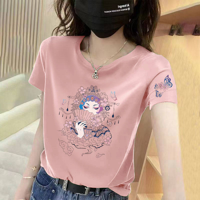 夏季新款纯棉粉色短袖圆领T恤女