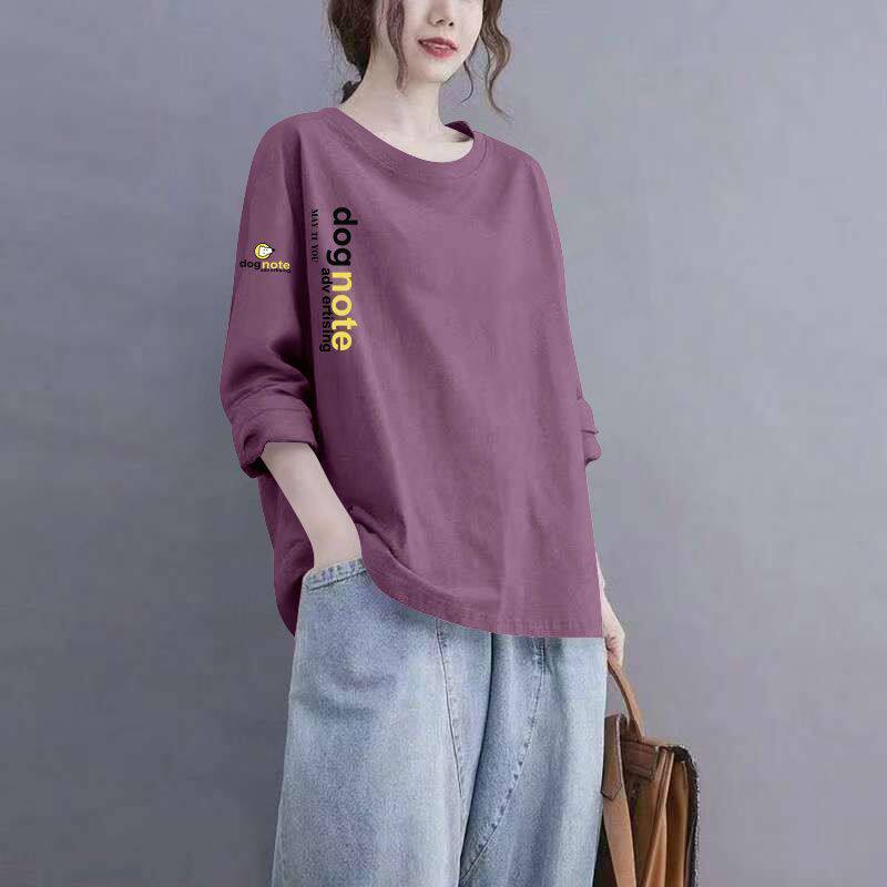 100%纯棉兰花紫长袖印花T恤女春秋新款韩版洋气宽松显瘦圆领上衣
