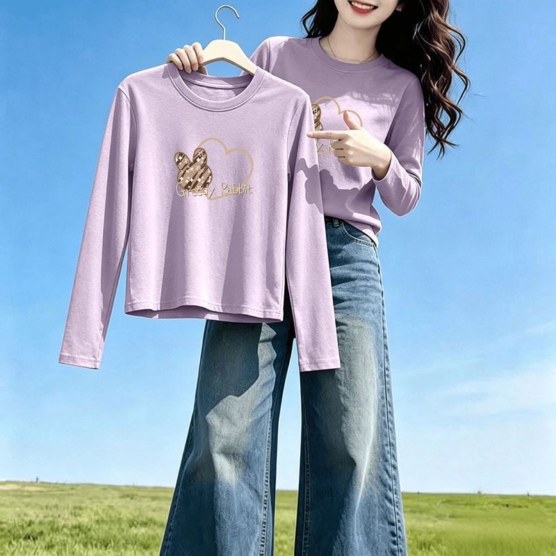 芋紫色纯棉长袖印花休闲T恤女