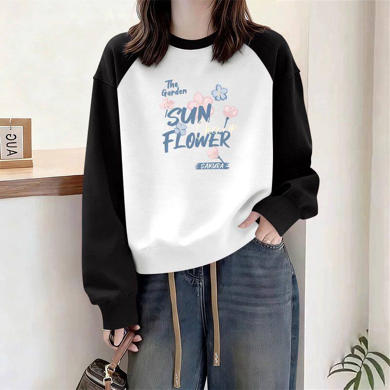 秋冬纯棉插肩袖长袖卫衣女时尚潮流百搭宽松显瘦小个子撞色上衣服