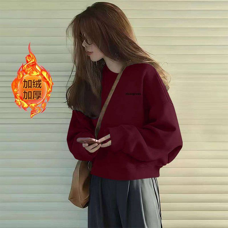 纯棉复合银狐绒短款卫衣加绒加厚