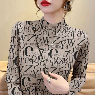 秋冬半高领女士印花打底衫时尚新款洋气减龄百搭显瘦水墨风上衣服