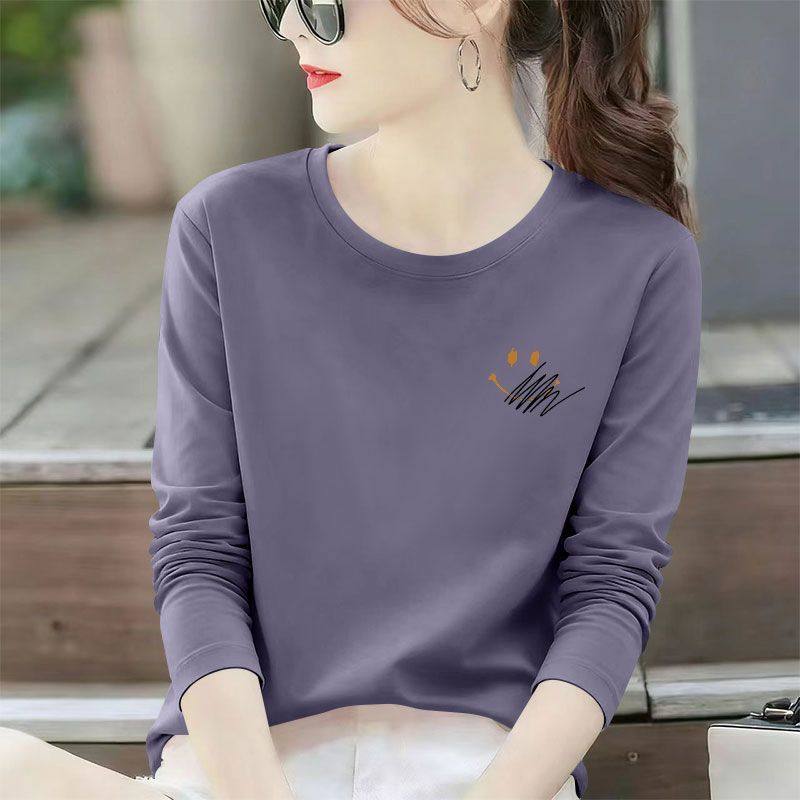 春秋纯棉长袖休闲印花T恤女韩版洋气百搭通勤宽松显瘦圆领上衣服