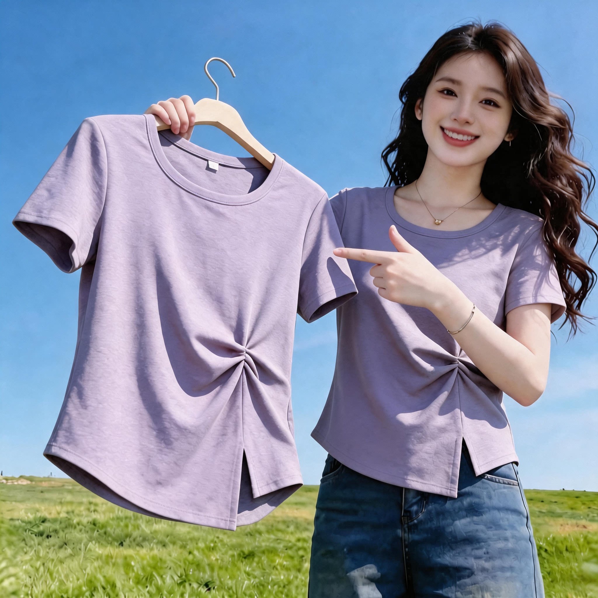 气质韩系短袖开叉扭结T恤女图片