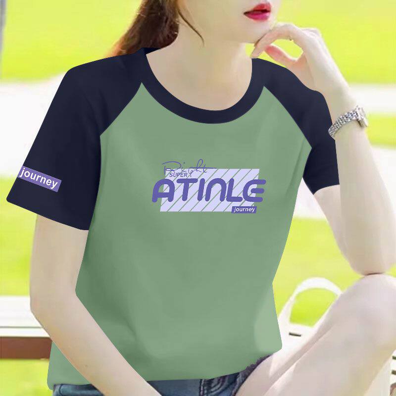 100%纯棉插肩袖短袖撞色T恤女