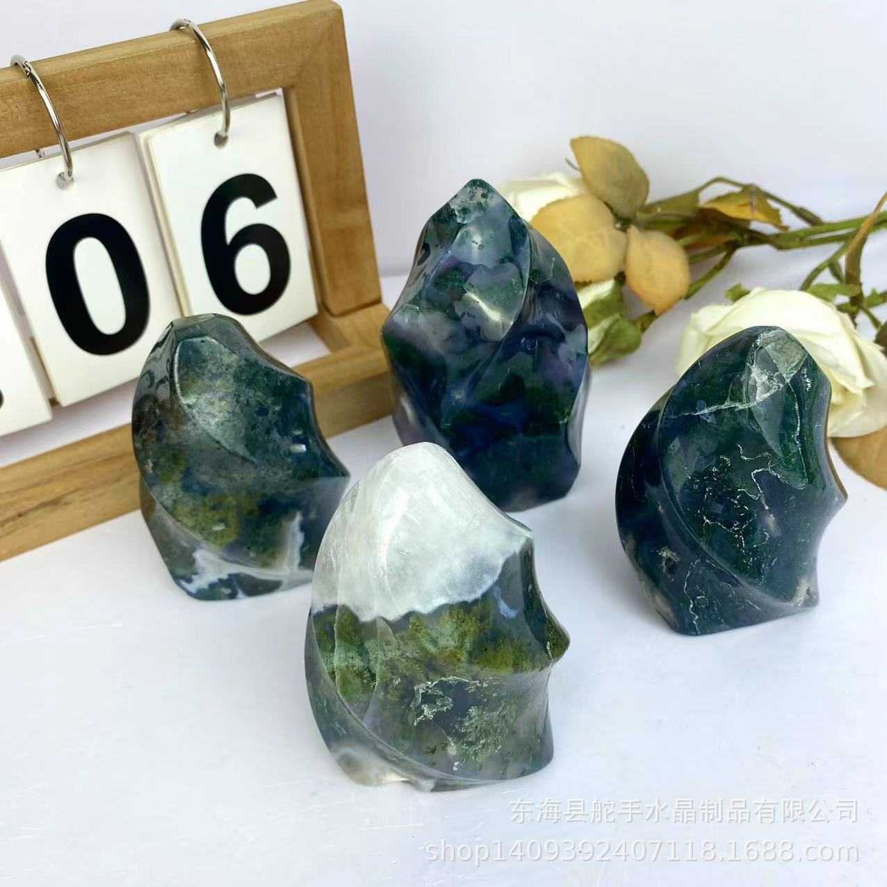 Moss agate 天然水草玛瑙水晶原石切割打磨火炬火焰 家居摆件