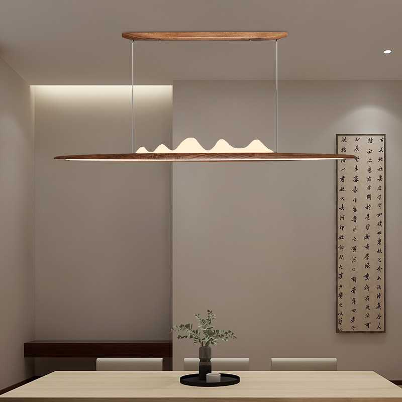 新中式山水餐厅吧台吊灯极简实木茶室日式禅意简约胡桃木长条灯