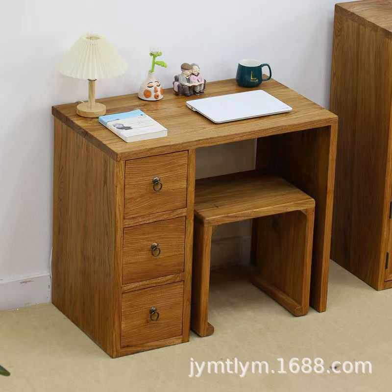 老榆木书桌小户型带储物桌子实木儿童写字台收纳桌新款L型桌子
