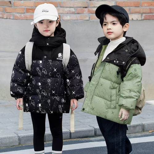25新款儿童羽绒服男童女童保暖外套宝宝连帽童装中长款加厚黑金冬