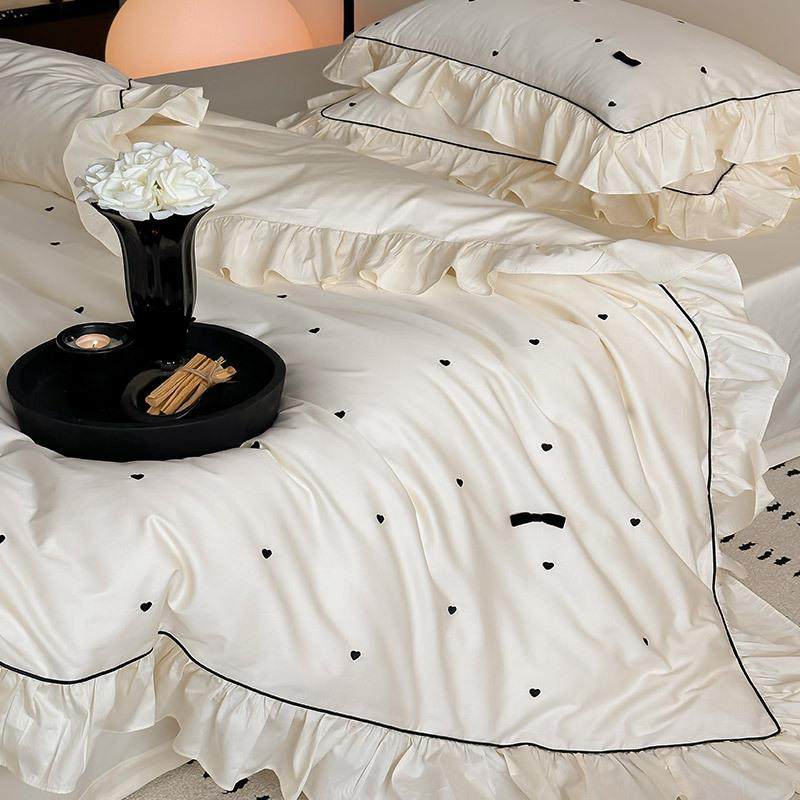 少女心四季长绒棉纯棉床单四件套爱心刺绣荷叶边被套全棉床上用品