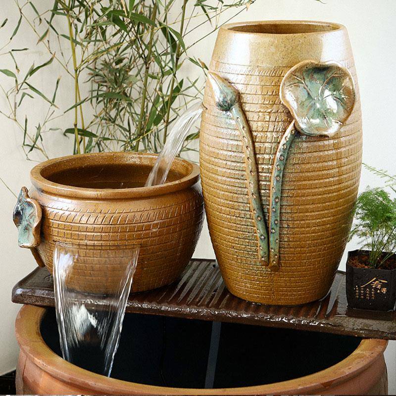 流水摆件瀑布循环水古法生态鱼缸造景全套陶瓷阳台养鱼陶罐过滤器