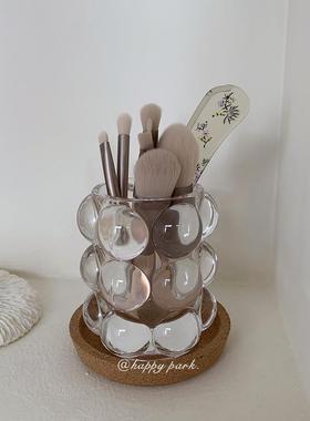 ok holiday*韩国风ins珠点玻璃收纳笔筒化妆刷桶桌面家居摆饰北欧