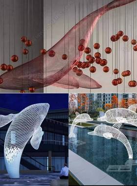 不锈钢铁艺镂空鲸鱼雕塑海豚网格酒店展厅海洋动物悬吊装饰品定制