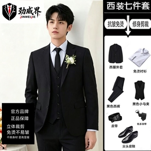劲威界西装套装男士商务正装七件套抗皱免烫修身西服黑色一整套男