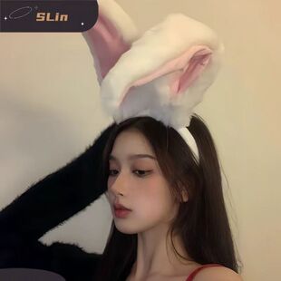 网红纯欲风兔耳朵cos发箍毛绒兽耳发饰日系兔耳頭飾丝绒白色发箍
