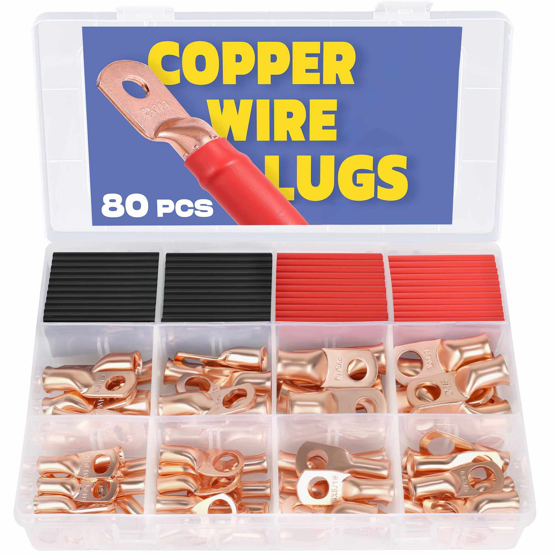 跨境爆款80PCS带热缩管铜线接线片3:1套件美规AWG 8 6 4 2裸铜压