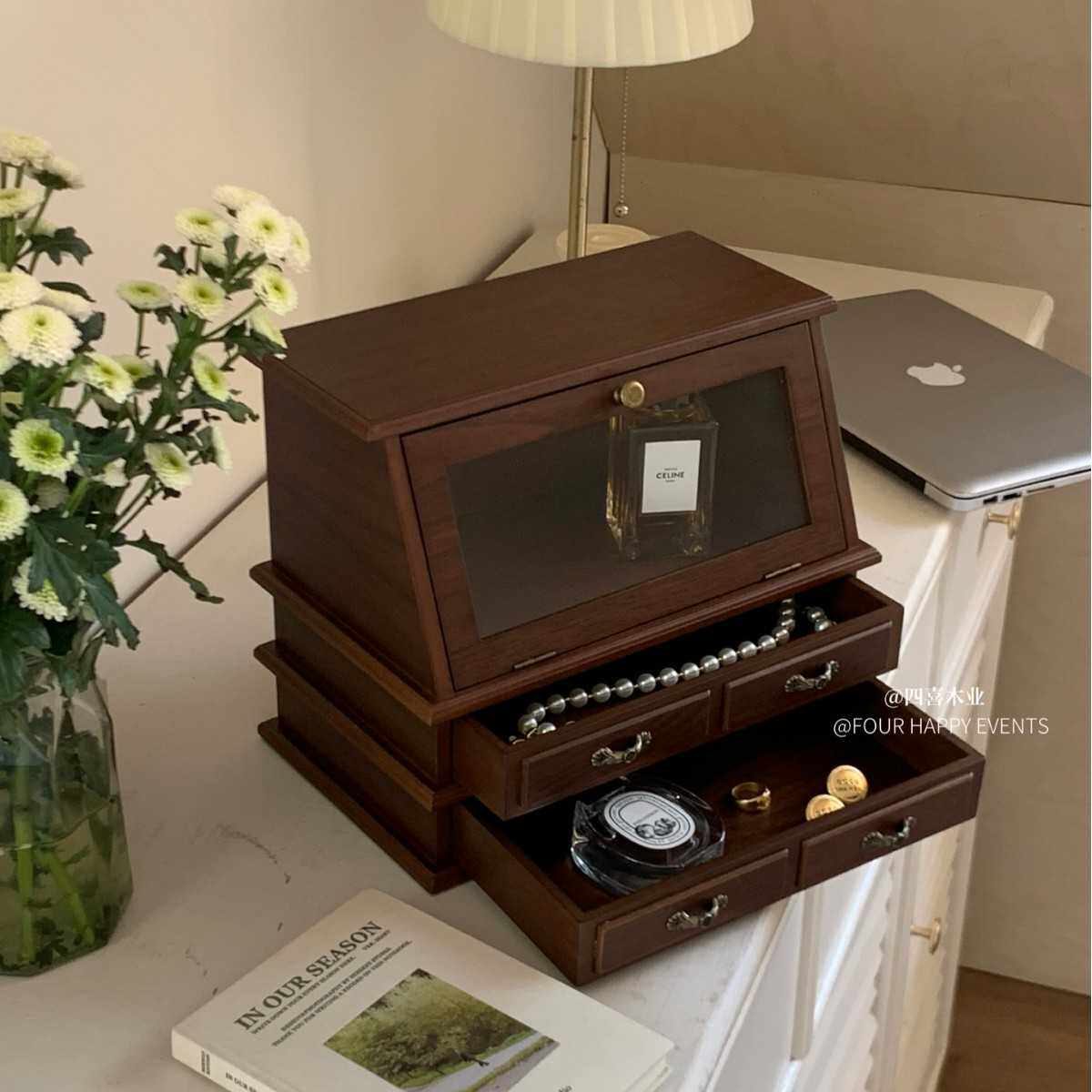 出口韩国木质复古首饰盒首饰柜珠宝盒梳妆台多层大容量欧式收纳