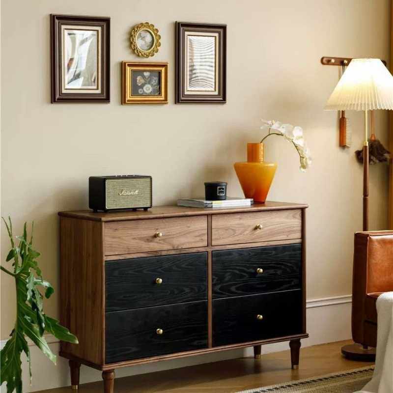 北欧复古五斗柜边柜收纳实木北美美式胡桃木六斗卧室玄关储物柜