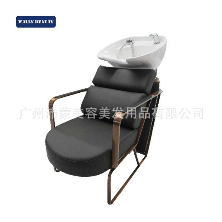 新款现代简约冲水床玫瑰金不绣钢框架设计白色陶瓷盆发廊洗头座椅