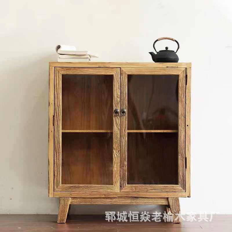 现代简约老榆木玻璃储物柜双开床头柜家用落地式酒柜客厅小矮柜
