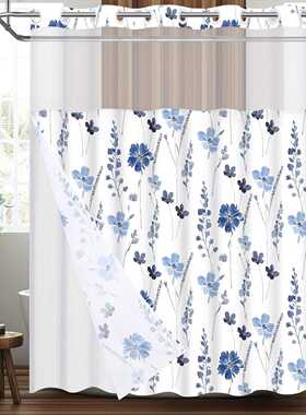 2025新款跨境代发蓝色水彩无钩浴帘（带卡入式内衬