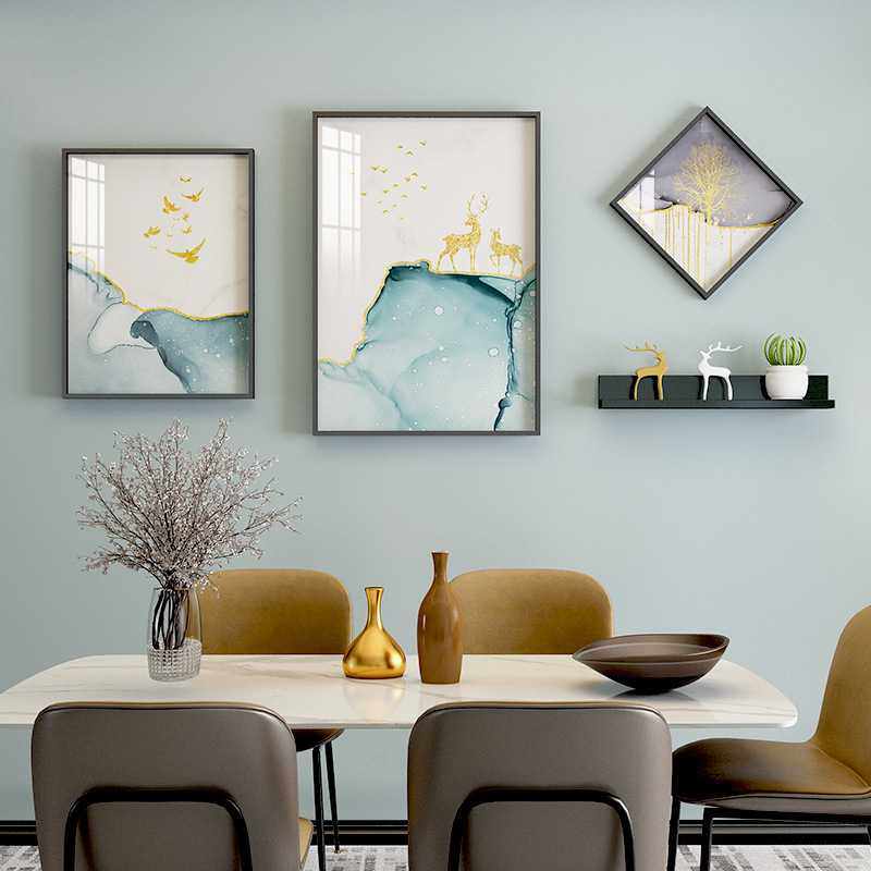 现代餐厅3框晶瓷金箔福鹿铝合金装饰画置物架组合金属水晶膜画框