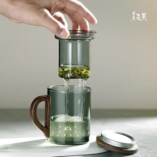木柄玻璃杯泡茶杯带把茶水分离花茶D杯耐高温过滤家用水杯透明杯