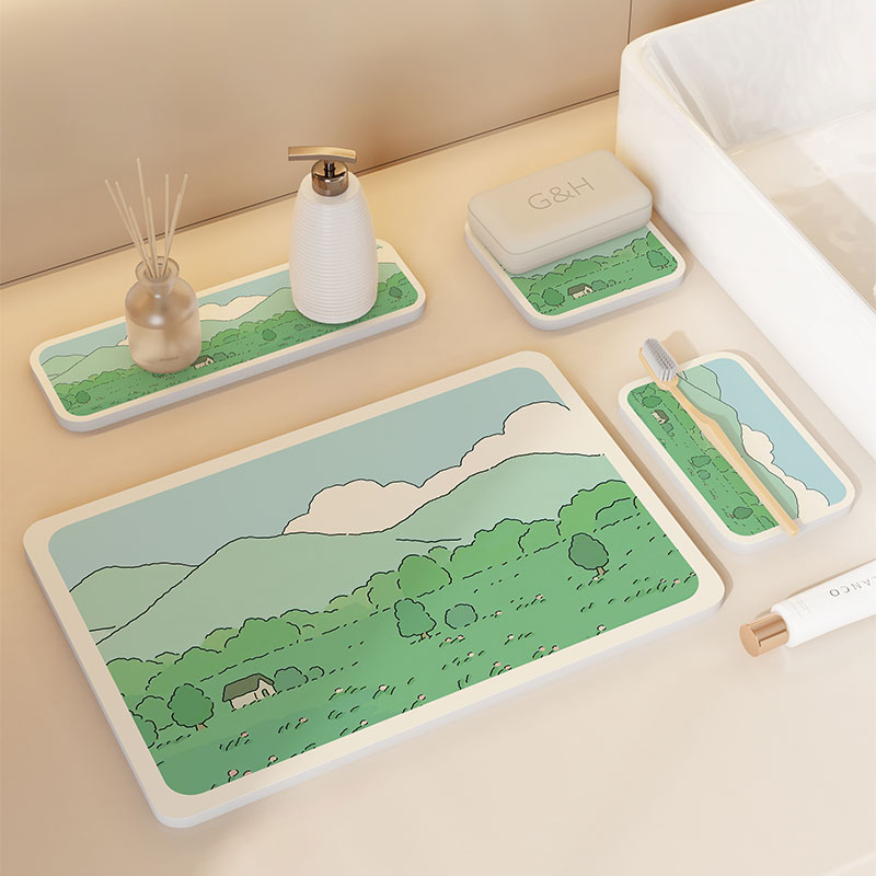 田园风卫生间洗漱垫家用洗漱w洗手台硬硅藻泥吸水垫浴室牙刷杯垫
