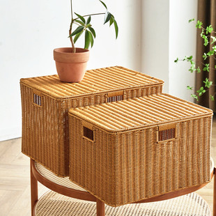 日式编织收纳箱特大号带盖仿藤编收纳筐家用N衣服整理箱玩具储物