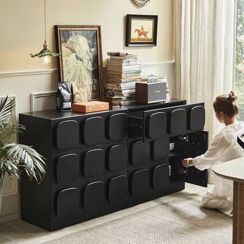 法式复古餐边柜储物柜客厅玄关柜设计师抽屉式中古黑色组合柜斗柜