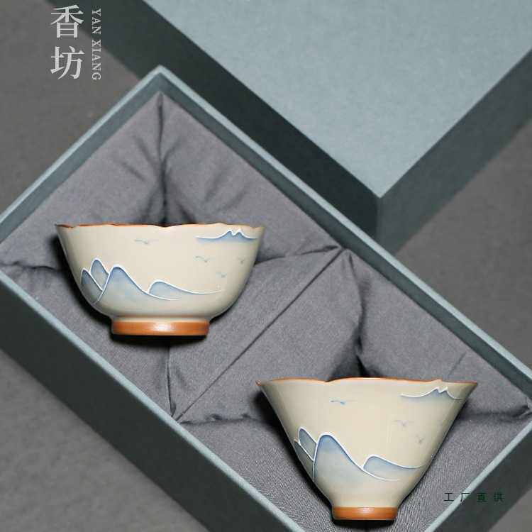 草木灰手绘山水主人杯釉下彩家用茶杯女士功夫闻香杯中式