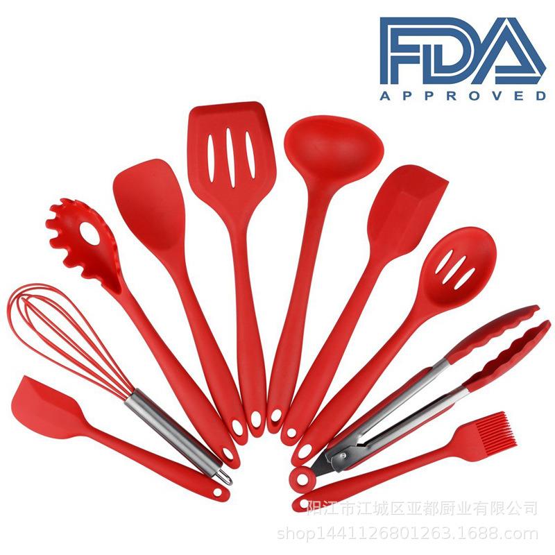 现货硅胶厨具10件套 耐高温硅胶厨具套装 不粘锅烹饪铲勺套装