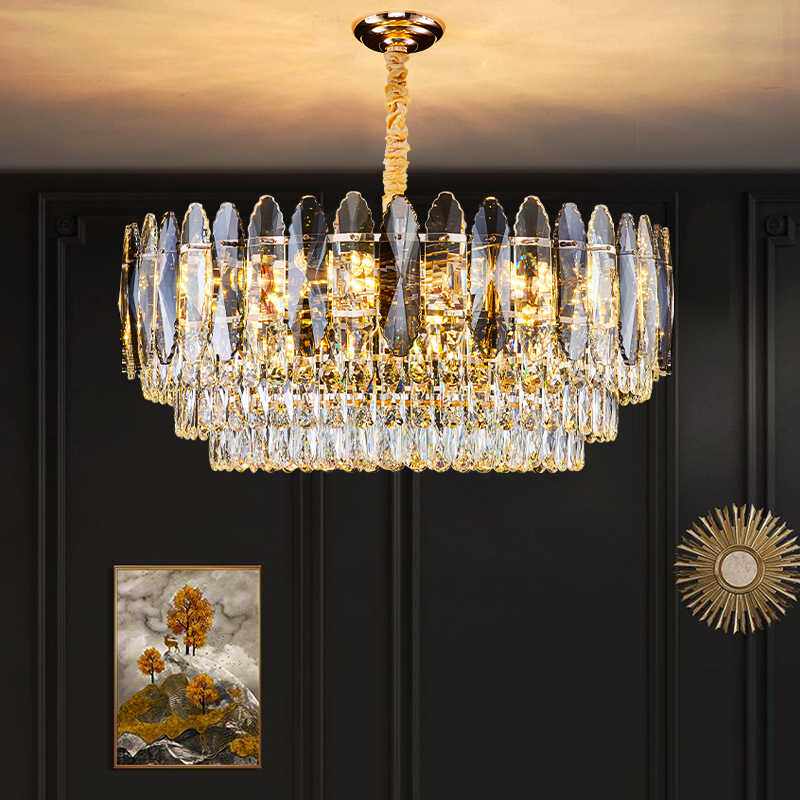 现代轻奢大厅水晶吊灯简约圆形卧室餐厅创意水晶客厅灯吸吊两用灯