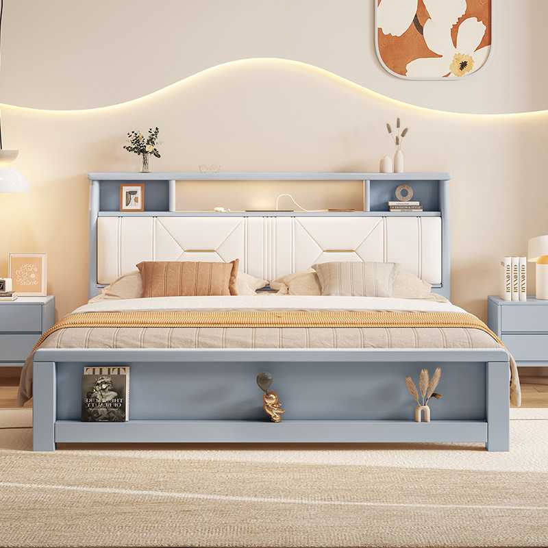 北欧带灯实木床1.5m现代简约主卧双人床奶油型1.8m经济型储物婚床