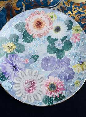 好看粉紫色雏菊陶瓷盘漂亮餐具金边骨瓷盘子bone china plate