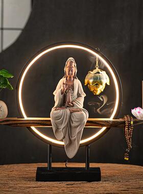 新中式禅意灯圈观世音菩萨佛像摆件创意倒流香炉家居客厅玄关装饰