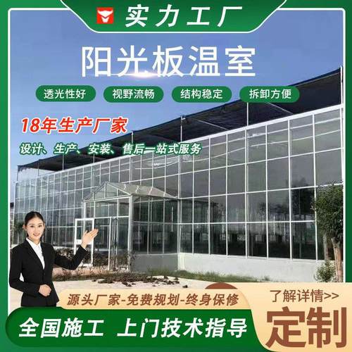 阳光板温室大棚 玻璃温室大棚 智能玻璃连栋阳光板温室 保温大棚