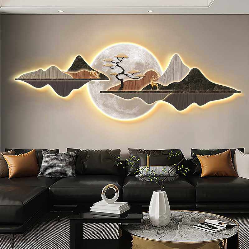 现代轻奢客厅沙发背景大气山水壁画创意LED灯光装饰画LED灯饰