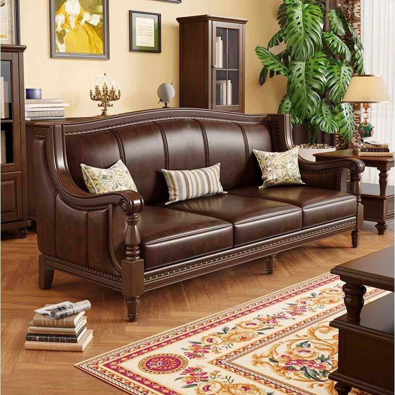 美式乡村复古实木皮艺沙发123组合简美客厅别墅三人位咖啡色沙发