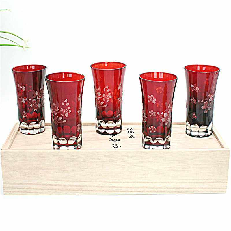 日式清酒杯烈酒杯玻璃杯套装木盒江户切子手工雕刻复古源头工厂