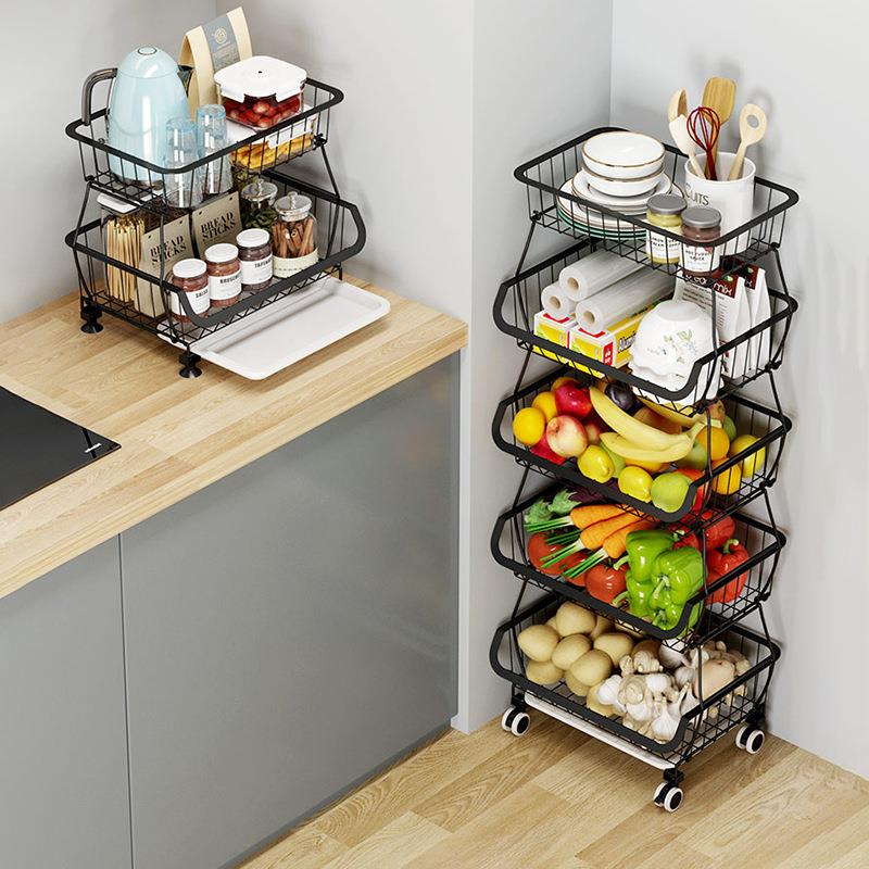 黑色厨房置物架落地多层省空间放碗锅架碗架调味料收纳架子储物篮