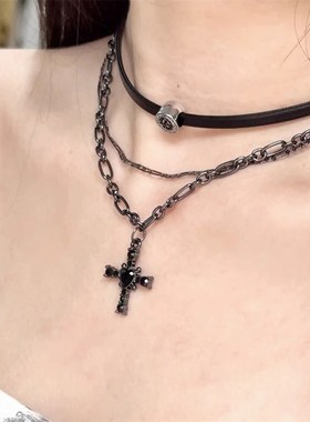 暗黑风多层叠带十字架项链甜酷辣妹锁骨链独特设计感吊坠颈链配饰