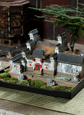 中式徽派建筑g模型文竹盆景植物桌面盆栽微景观造景微缩老房子摆