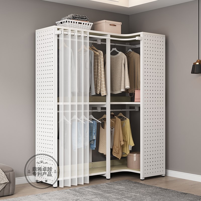 多功能金属转角衣帽架带防尘帘衣柜落地洞洞板挂衣U架一体卧室家