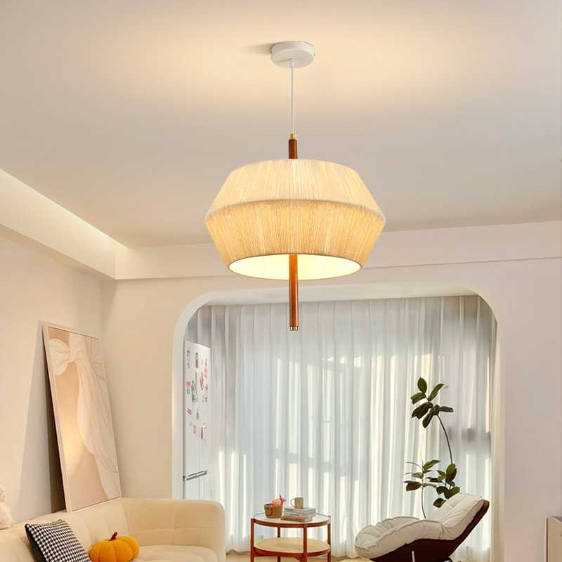 中古卧室吊灯编织日式客厅灯侘寂风布艺民宿复古实木餐厅灯具