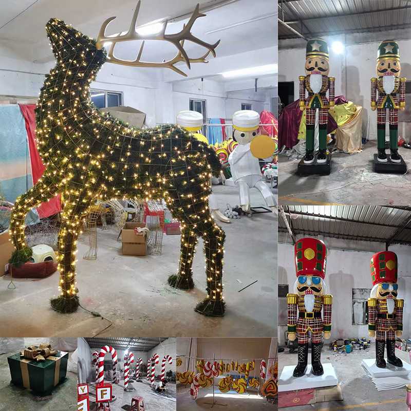 拐杖糖雕塑玻璃钢圣诞节美陈礼物盒波板填草梅花鹿圣诞球胡桃夹子